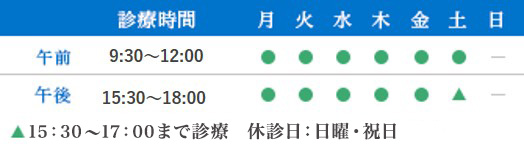 診療時間 9：30～12：00、15：30～18：00（土曜15：30～17：00 検査・手術13：00～15：30） 日曜・祝日休診